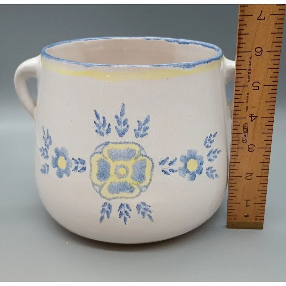 Vintage AMNION Clay Pottery Handpainted ALGARVE Blue Yellow CROCK w Two Handles